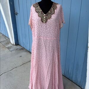 Unique Vintage Pink Maxi Dress with Lace trim and She’ll Buttons